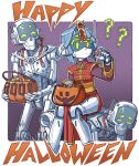  1girl 2boys ? android blue_hair cameron_sewell candy china_dress chinese_clothes dress english_text feet_out_of_frame food halloween happy_halloween highres joulie multiple_boys original pelvic_curtain robot short_hair sitting 