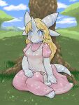  1girl animal_ears animal_feet barefoot blonde_hair blue_eyes blue_sky blush borrowed_character breasts bright_pupils closed_mouth clouds colored_skin commentary_request dappled_sunlight day dragon_girl dress full_body furry furry_female grass highres horns kame_(3t) long_dress long_hair looking_at_viewer medium_breasts original outdoors partial_commentary pink_dress puffy_short_sleeves puffy_sleeves shirt short_sleeves single_horn sitting sky sleeveless sleeveless_shirt snout solo split_mouth sunlight tail tree under_tree white_pupils white_shirt white_skin yokozuwari 