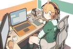  1girl ahoge blush brown_hair cellphone chair coffee_mug computer cup frills fuu_fuu glasses green_eyes green_socks headphones holding_mouse_(computer) indie_virtual_youtuber laptop looking_at_viewer medium_hair microphone miniskirt monitor mug phone short_hair skirt smile socks solo totoki_saki virtual_youtuber 