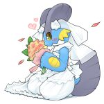  1girl animal_hands blue_skin blush bouquet bridal_veil closed_mouth clothed_pokemon colored_sclera colored_skin commentary_request dress flat_chest flower from_side full_body furry furry_female hands_up head_fins heart highres holding holding_bouquet kame_(3t) looking_at_viewer multicolored_skin petals pokemon pokemon_(creature) raised_eyebrows red_flower see-through simple_background sitting sleeveless sleeveless_dress solo swampert tail two-tone_skin veil wedding_dress white_background white_dress white_skin yellow_eyes yellow_sclera yokozuwari 