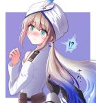  !? 1boy 1other anchor_symbol bangs belt_pouch black_gloves blue_hair blush border brown_hair captain_nemo_(fate) closed_mouth commentary_request fate/grand_order fate_(series) from_behind gloves gradient_hair green_eyes hair_between_eyes hand_on_own_chest hands_up hat_feather highres holding_another&#039;s_hair long_hair long_sleeves looking_at_viewer looking_back low_twintails male_focus military military_uniform multicolored_hair naval_uniform nemo_(fate) nose_blush out_of_frame outside_border pouch pov pov_hands purple_background shell_ocean sidelocks simple_background solo_focus spoken_interrobang surprised sweatdrop turban twintails uniform white_border white_headwear wide-eyed 