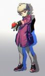  1boy ahoge bangs bede_(pokemon) blonde_hair blush closed_mouth coat curly_hair full_body gloves highres holding holding_poke_ball kiliko-san male_focus pants partially_fingerless_gloves poke_ball poke_ball_(basic) pokemon pokemon_(game) pokemon_swsh pouch purple_bag purple_coat shoes short_hair sleeves_rolled_up smile solo standing violet_eyes 