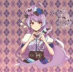  1girl argyle argyle_background black_bow blue_hair blue_skirt bow breasts chibi chibi_inset chocolate food frying_pan hair_bow heart heart_hands holding holding_chocolate holding_food long_hair looking_at_viewer macross macross_delta medium_breasts mikumo_guynemer multicolored_hair purple_hair skirt smile solo_focus streaked_hair translation_request upper_body very_long_hair violet_eyes yuuichi_p1 