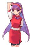  1girl arm_behind_head asamiya_athena bamboobamboo68 bangs breasts dress earrings gloves hair_ornament hairband jewelry long_hair looking_at_viewer medium_breasts pantyhose puffy_sleeves purple_hair red_dress red_hairband smile solo star_(symbol) star_hair_ornament the_king_of_fighters violet_eyes white_background 