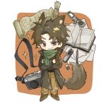  1boy animal_ears ashfx bangs belt black_belt book braid brown_coat brown_eyes brown_footwear brown_hair brown_sweater camera cellphone chinese_commentary closed_mouth coat colored_eyelashes commentary_request crossed_arms flip_phone fox_boy fox_ears fox_tail harada_minoru kemonomimi_mode long_sleeves male_focus no_nose open_clothes open_coat pants parted_bangs phone ribbed_sweater saibou_shinkyoku scar scar_on_face scar_on_forehead scroll shoes side_braid smile solo sweater tail yellow_pants 