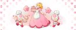1girl 2boys apron blonde_hair blue_eyes bowl cake chef_hat dress earrings food hat highres holding holding_bowl holding_cake holding_food holding_whisk jewelry long_dress long_hair looking_at_viewer luma_(mario) multiple_boys open_mouth pink_dress princess_peach saiwoproject simple_background super_mario_bros. toad_(mario) vest whisk white_apron