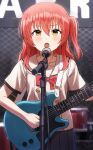  1girl blush bocchi_the_rock! bow bowtie buttons electric_guitar fagi_(kakikaki) guitar highres holding holding_instrument instrument kita_ikuyo long_hair looking_at_viewer music one_side_up open_mouth red_bow red_bowtie redhead shirt short_sleeves singing skirt solo standing sweat white_shirt yellow_eyes 