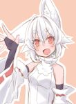  1girl :d animal_ear_fluff animal_ears bangs bare_shoulders breasts highres inubashiri_momiji kuro-ekaki looking_at_viewer open_mouth outline pink_background red_eyes shirt small_breasts smile solo tail touhou upper_body white_hair white_outline white_shirt white_sleeves wolf_ears wolf_girl wolf_tail 