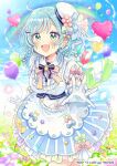  1girl :d balloon bang_dream! beret blue_hair blue_skirt blue_sky bow braid breasts clouds commentary_request day flower frilled_gloves frilled_skirt frills gloves green_bow green_eyes hair_bow hair_flower hair_ornament hairclip hat heart_balloon hikawa_hina looking_at_viewer medium_breasts official_art outdoors outstretched_arm pink_flower puffy_short_sleeves puffy_sleeves purple_bow rainbow sakura_oriko shirt short_sleeves skirt sky smile solo star_(symbol) star_hair_ornament striped striped_skirt tilted_headwear twin_braids vertical-striped_skirt vertical_stripes white_gloves white_headwear white_shirt 