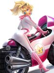 1girl blonde_hair blue_eyes boots crown earrings gloves high_heel_boots high_heels jewelry long_hair looking_at_viewer looking_back momo-deary official_alternate_costume on_motorcycle pink_footwear pink_gloves pink_lips princess_peach racing_suit simple_background super_mario_bros. white_background 