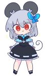  1girl animal_ears bangs black_bow black_bowtie black_dress black_footwear blue_capelet bow bowtie capelet closed_mouth dress full_body grey_hair hair_between_eyes highres long_sleeves mouse_ears mouse_tail nazrin op_na_yarou red_eyes shoes short_hair simple_background solo tail touhou white_background 