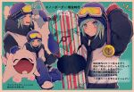  1boy aged_down altaria androgynous beanie blue_eyes blue_hair blue_mittens cetoddle character_print gloves goggles goggles_on_head grin grusha_(pokemon) hat highres holding holding_snowboard jacket kuruni_purikyua light_blue_hair long_hair long_sleeves looking_at_viewer medal open_mouth pokemon pokemon_(creature) pokemon_(game) pokemon_sv smile snom snowboard swablu 