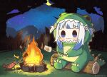  1girl :3 ^^^ bangs blue_eyes blue_hair blunt_bangs blush_stickers campfire chibi commentary_request crescent_moon dinosaur_costume ebi-chan_(gawr_gura) fire food gawr_gura grass holding holding_stick hololive hololive_english log marshmallow moon multicolored_hair night outdoors roasting same_anko sitting_on_log smile solo stick streaked_hair tree two-tone_hair two_side_up virtual_youtuber white_hair 
