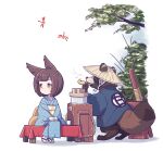  1girl 1other animal_ears black_hair blue_kimono bob_cut brown_eyes fox_ears fox_girl fox_tail full_body hat holding holding_smoking_pipe japanese_clothes kimono kiseru kukuri_(mawaru) long_sleeves mawaru_(mawaru) multiple_tails obi original sash short_hair simple_background sitting smoking smoking_pipe socks straw_hat tabi tail tanuki white_background white_socks zouri 