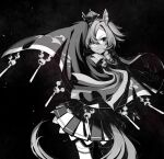  1girl animal_ears arm_up armor asymmetrical_bangs bangs cape closed_mouth cowboy_shot crown ear_piercing greyscale highres horse_ears looking_at_viewer looking_back mini_crown monochrome nanaheibei_3 piercing short_hair shoulder_armor skirt smirk solo t.m._opera_o_(umamusume) thigh-highs umamusume v-shaped_eyebrows 