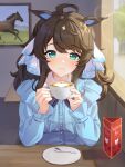  1girl ahoge aqua_eyes blue_shirt blush brown_hair coffee cup daring_tact_(umamusume) day heart highres holding holding_cup horse_girl indoors kashmir_0808 lens_flare long_hair long_sleeves looking_at_viewer painting_(object) parted_lips saucer shirt smile solo spoon star_(symbol) table umamusume upper_body valentine window 
