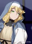 1girl akisa_yositake blonde_hair bridget_(guilty_gear) frown green_eyes guilty_gear guilty_gear_strive habit hood hood_up hooded_jacket hoodie jacket long_sleeves looking_to_the_side medium_hair open_clothes open_hoodie puffy_long_sleeves puffy_sleeves