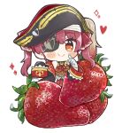  1girl bicorne blush_stickers brown_eyes chibi commentary eyepatch food fruit gloves hat heart heart_eyepatch hololive houshou_marine long_hair long_sleeves looking_at_viewer pirate_hat redhead same_anko simple_background smile solo sparkle strawberry twintails virtual_youtuber white_background white_gloves 