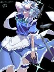  1girl absurdres apron arm_up blue_dress blue_eyes bow bowtie braid bridal_garter closed_mouth collared_dress commentary cowboy_shot dress expressionless frilled_dress frills glint green_bow green_bowtie grey_hair hair_between_eyes hair_bow highres holding holding_knife izayoi_sakuya knife looking_at_viewer maid_headdress medium_hair mochi_upamo puffy_short_sleeves puffy_sleeves short_sleeves solo touhou twin_braids twitter_username waist_apron white_apron wrist_cuffs 