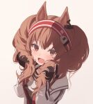  1girl :d angelina_(arknights) animal_ears arknights bangs brown_eyes brown_gloves brown_hair bunching_hair coat commentary_request fox_ears gloves hairband hands_up long_hair long_sleeves looking_at_viewer nazu_sawa open_clothes open_coat open_mouth red_hairband shirt simple_background smile solo tongue twintails upper_body white_background zipper 