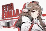  1girl animal_ears arknights barcode brown_hair cape character_name closed_mouth ear_protection eyjafjalla_(arknights) frilled_shirt_collar frills horns jacknavy long_hair looking_at_viewer sheep_ears sheep_girl sheep_horns smile solo upper_body violet_eyes white_cape 