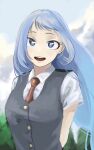  1girl absurdres arms_behind_back blue_eyes blue_hair boku_no_hero_academia clouds collared_shirt day fengling_(furin-jp) grey_vest hadou_nejire highres long_hair looking_at_viewer necktie open_mouth outdoors red_necktie school_uniform shirt solo u.a._school_uniform upper_body very_long_hair vest white_shirt 