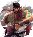  1boy beard black_hair cowboy_shot dougi facial_hair fingerless_gloves foreshortening forked_eyebrows frown gloves headband incoming_attack incoming_punch large_pectorals male_focus mature_male midriff_sarashi muscular muscular_male mustache pectorals punching ryu_(street_fighter) sample_watermark sarashi short_hair single_bare_shoulder street_fighter street_fighter_6 thick_eyebrows yuiofire 