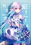  1girl absurdres bangs blue_bow blue_hair bow braid dress flower hair_ornament highres lize_helesta long_hair looking_at_viewer multicolored_hair nijisanji open_mouth saine scan sleeveless smile solo striped striped_bow very_long_hair violet_eyes virtual_youtuber white_hair 