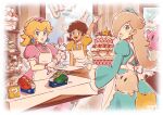  3girls apron blonde_hair blue_dress blue_eyes blush brown_hair cake dress earrings food gloves highres indoors jewelry long_hair looking_at_viewer luma_(mario) multiple_girls open_mouth pastry_bag pink_dress princess_daisy princess_peach rosalina saiwoproject super_mario_bros. teeth upper_teeth_only white_gloves yellow_dress 