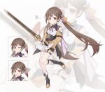 1girl :d aged_down bangs black_footwear boots brown_eyes brown_hair chinese_clothes full_body highres holding holding_sword holding_weapon honkai:_star_rail honkai_(series) long_hair long_sleeves looking_at_viewer multiple_views napppptt one_eye_closed simple_background smile solo sushang_(honkai:_star_rail) sword tongue tongue_out twintails very_long_hair weapon white_background