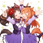  2girls ^_^ arms_up bow bowtie breasts brown_hair closed_eyes fang flat_chest hairband highres index_finger_raised large_breasts long_hair long_sleeves marvelous_sunday_(umamusume) mayano_top_gun_(umamusume) multiple_girls nanaheibei_3 open_mouth orange_hair purple_shirt purple_skirt school_uniform shirt skin_fang skirt smile star_(symbol) tracen_school_uniform twintails two_side_up umamusume 