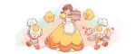 1girl 2boys apron blue_eyes bowl cake chef_hat commentary dress english_commentary food gloves hand_on_hip hat highres holding holding_bowl holding_cake holding_food holding_whisk long_dress long_hair looking_at_viewer luma_(mario) multiple_boys open_mouth princess_daisy saiwoproject simple_background super_mario_bros. toad_(mario) whisk white_gloves yellow_dress
