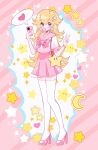  1girl blonde_hair blue_eyes bubble_blowing earrings food fruit heart high_heels highres holding holding_phone jewelry long_hair looking_at_viewer meowwniz phone pink_footwear pink_nails pink_skirt princess_peach skirt speech_bubble super_mario_bros. thigh-highs v white_thighhighs 