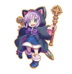  1girl :d bangs black_robe blue_dress blue_footwear boots bow dress full_body green_eyes holding holding_staff looking_at_viewer mawaru_(mawaru) open_clothes orange_outline original outstretched_arms pink_hair purple_bow robe sheath sheathed short_hair simple_background smile solo staff sword weapon weapon_on_back white_background 