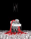  1girl additional_memory_(vocaloid) black_background chair chromatic_aberration commentary depressed desk feet_out_of_frame flower hair_ornament hairclip hand_on_own_arm jinglebunns kagerou_project kneehighs long_scarf lyrics mekakucity_actors negative_space on_chair on_desk one_eye_covered partially_colored pleated_skirt red_eyes red_flower red_scarf scarf school_desk school_uniform serafuku signature simple_background sitting sketch skirt socks solo spider_lily spot_color tateyama_ayano too_many_flowers white_flower white_spider_lily 