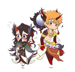  1boy 1girl ? armor bangs black_hair bleach bleach:_brave_souls blush chibi covering_mouth demon_horns feather_fan feather_hair_ornament feathers floating full_body hair_between_eyes hair_ornament hand_fan holding holding_fan horns japanese_clothes kimono kuchiki_rukia kurosaki_ichigo lao_wen long_bangs long_sleeves official_alternate_costume orange_eyes orange_hair shoulder_armor violet_eyes white_background white_kimono wide_sleeves 