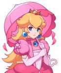  1girl blonde_hair blue_eyes commentary crown dress earrings elbow_gloves english_commentary gloves highres holding holding_umbrella jewelry long_hair looking_at_viewer parasol pink_dress pink_gloves princess_peach saiwoproject simple_background super_mario_bros. umbrella upper_body white_background 