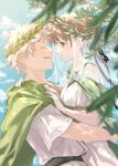  1boy 1girl blue_sky blush branch chiton closed_eyes clouds day face-to-face greek_clothes green_eyes hair_bun hair_ribbon hand_on_another&#039;s_chest highres hug laurel_crown light_brown_hair looking_at_another olive_branches original outdoors parted_lips peco_(ppeco0) ribbon single_hair_bun sky smile veil white_hair 