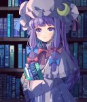  1girl bangs blue_bow blue_ribbon blunt_bangs blush book bookshelf bow bowtie capelet closed_mouth commentary dress frilled_capelet frilled_sleeves frills hair_bow hat hat_ribbon highres holding holding_book long_hair long_sleeves looking_at_viewer nauka patchouli_knowledge purple_hair red_bow red_bowtie red_ribbon ribbon sidelocks smile solo touhou upper_body violet_eyes white_capelet white_dress white_headwear wide_sleeves 