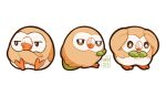  artist_name bow bowtie crossed_arms green_bow green_bowtie hands_on_own_head highres looking_at_viewer looking_back multiple_views no_humans pokemon pokemon_(creature) rowlet simple_background sitting teletelo unamused wide-eyed 