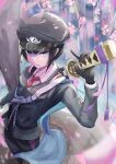  1girl arm_up black_eyes black_gloves black_hair black_headwear black_jacket black_pants blurry blurry_background cherry_blossoms collared_shirt contrapposto from_above glaring gloves hat highres holding holding_sword holding_weapon jacket katana long_sleeves looking_at_viewer military military_hat military_jacket military_uniform necktie original outdoors pants peaked_cap red_necktie sheath shirt short_hair solo sword tree ttssfy_(shirato_ra) uniform unsheathing weapon white_shirt 