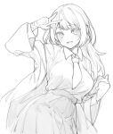  1girl bangs breasts collared_shirt greyscale hair_behind_ear highres jacket leaning_to_the_side long_hair looking_at_viewer medium_breasts monochrome necktie nosir_onadat open_mouth original pleated_skirt shirt shirt_tucked_in skirt solo v 