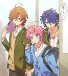  3boys ahoge amemura_ramuda androgynous arisugawa_dice blue_eyes brown_hair candy fling_posse food green_eyes hakuuyori highres hypnosis_mic lollipop long_hair looking_at_viewer male_focus multiple_boys pink_hair purple_hair short_hair violet_eyes yumeno_gentarou 