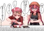  2girls apron artist_name baileys_(tranquillity650) black_apron black_ribbon blonde_hair braid brown_headwear brown_shirt chocolate closed_mouth eighth_note hair_flaps hair_ornament hair_ribbon hairclip head_scarf heart highres holding kantai_collection kawakaze_(kancolle) kawakaze_kai_ni_(kancolle) long_hair mixing_bowl motion_lines multiple_girls musical_note open_mouth pink_headwear red_eyes red_shirt redhead ribbon shirt signature smile speech_bubble tongue tongue_out translation_request twin_braids twitter_username yuudachi_(kancolle) yuudachi_kai_ni_(kancolle) 
