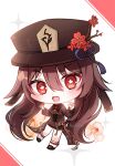  1girl 723/nanahumi bangs black_footwear black_shorts blush brown_hair brown_headwear brown_jacket chibi commentary_request flower flower-shaped_pupils full_body genshin_impact hair_between_eyes hat hat_flower hu_tao_(genshin_impact) jacket long_hair long_sleeves looking_at_viewer red_eyes red_flower red_shirt shirt shoes short_shorts shorts socks solo sparkle symbol-shaped_pupils very_long_hair white_background white_flower white_socks 