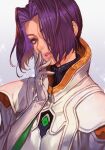  1girl brown_eyes dress gloves hair_over_one_eye hand_on_own_face hankuri head_tilt looking_at_viewer miang_hawwa parted_lips purple_hair short_hair simple_background solo white_dress white_gloves xenogears 