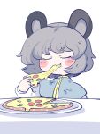  1girl animal_ears blush_stickers capelet chahan_(fried_rice0614) closed_eyes eating food grey_capelet grey_hair highres holding holding_food long_sleeves mouse_ears nazrin pizza shirt short_hair simple_background solo touhou upper_body white_background white_shirt 