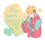  1boy 3mega blonde_hair closed_mouth earrings happy_valentine heart heart_hands jewelry lowres mole mole_under_eye prosthesis prosthetic_arm smile solo sunglasses trigun trigun_stampede vash_the_stampede 