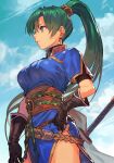 1girl bangs belt black_gloves blue_dress blue_sky breasts brown_belt closed_mouth clouds cloudy_sky cowboy_shot day dress earrings expressionless fire_emblem fire_emblem:_the_blazing_blade from_side gloves gold_trim green_eyes green_hair hankuri jewelry katana lips long_hair lyn_(fire_emblem) medium_breasts outdoors parted_bangs pelvic_curtain ponytail profile rope_belt sash scabbard sheath sheathed short_sleeves side_slit sky sleeveless sleeveless_dress solo standing sword thighs weapon