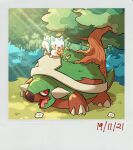  :d artist_name brown_flower bush flower grass happy highres holding holding_watering_can nature open_mouth outdoors pachirisu pokemon pokemon_(creature) red_eyes smile teeth teletelo torterra tree upper_teeth_only watering watering_can white_flower 